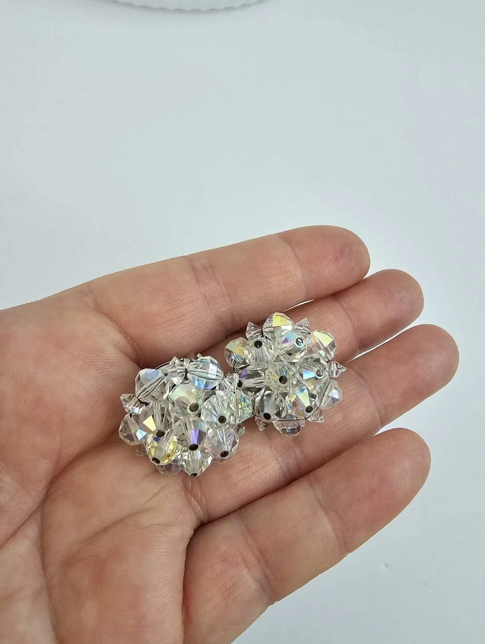 Vintage Laguna AB Crystal Bead Cluster Clip On Earrings Signed Mid Century​